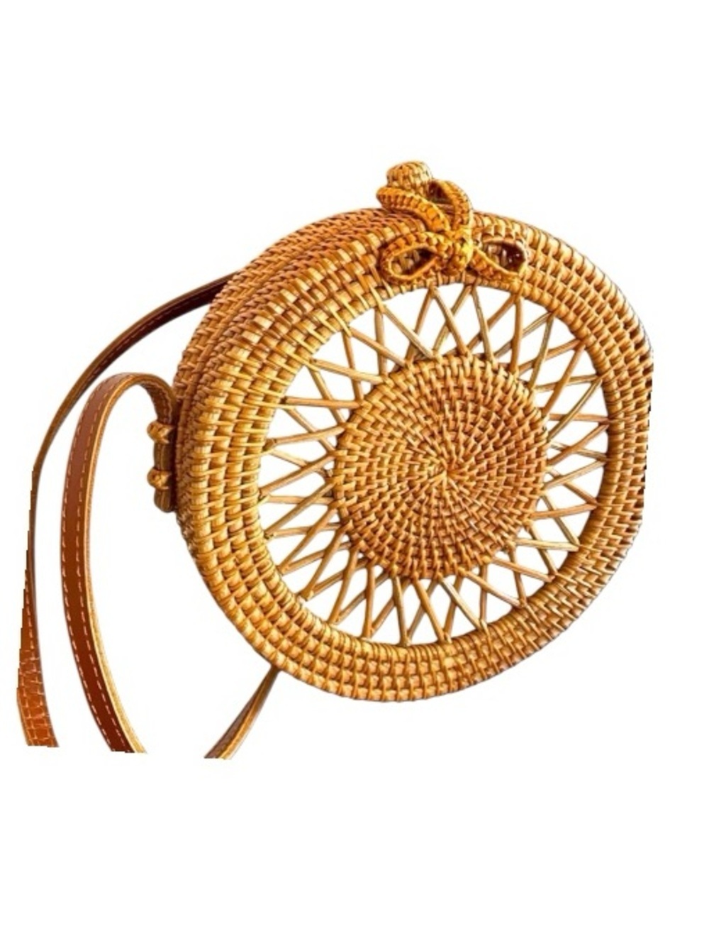 Handwoven Artisan Rattan crossbody bag, canvas lining, leather strap, patterned.